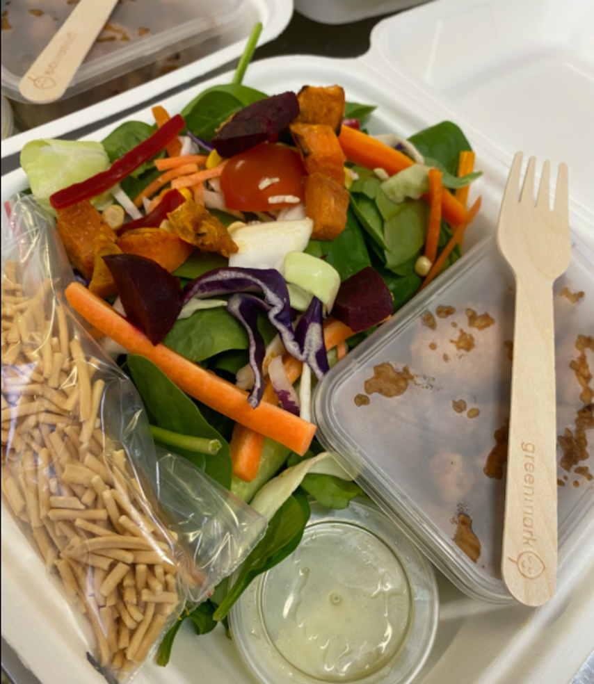 Marinated Chicken with Crispy Noodle and Sweet Potato Salad